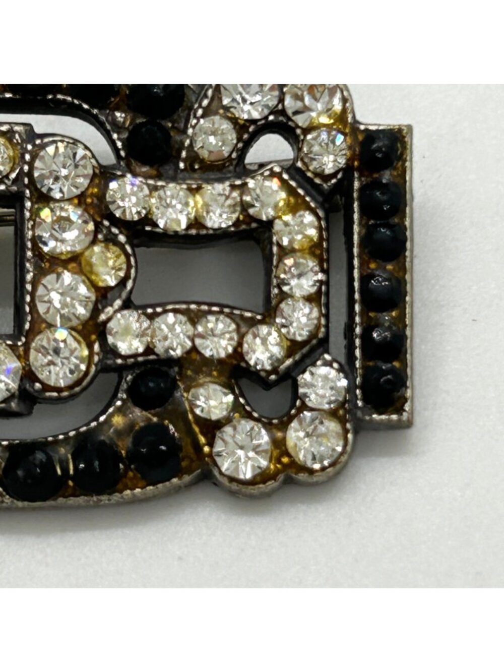 Vintage Art Deco Style Rhinestone Brooch Silver Tone GeometricTrombone Clasp - Picture 4 of 13